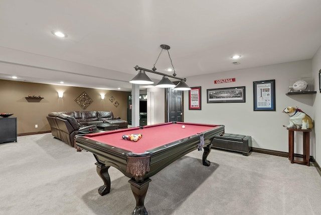 playroom with baseboards, pool table, recessed lighting, and light colored carpet