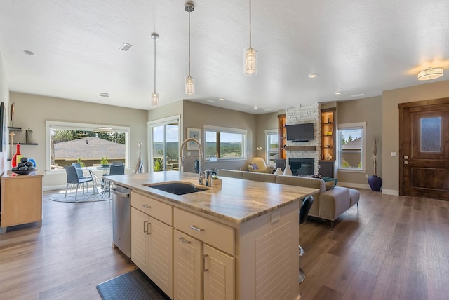 kitchen featuring dishwasher, a fireplace, a sink, and wood finished floors