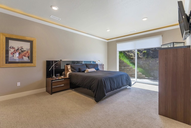 bedroom featuring access to exterior, crown molding, light colored carpet, visible vents, and baseboards