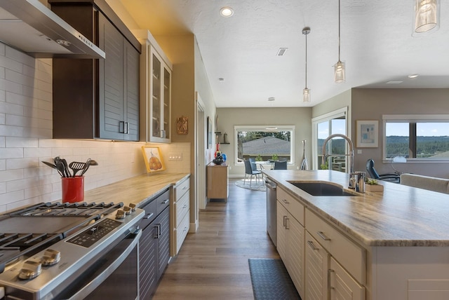 kitchen featuring stainless steel appliances, glass insert cabinets, a sink, wall chimney range hood, and wood finished floors