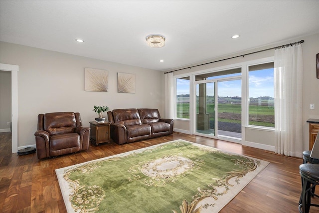 living area featuring recessed lighting, wood finished floors, and baseboards