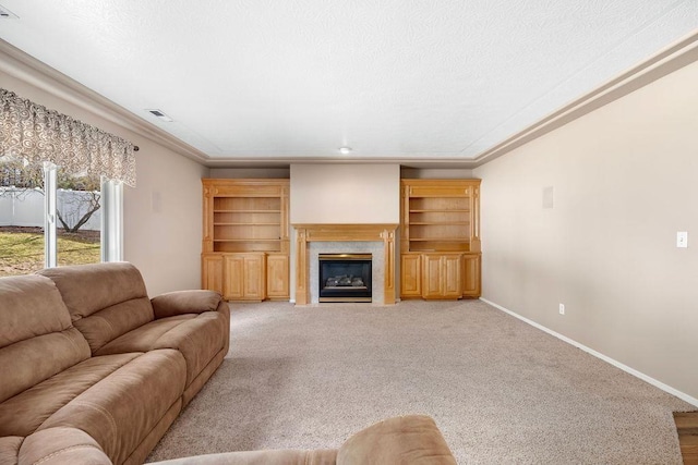 living room featuring a fireplace, visible vents, light carpet, a textured ceiling, and baseboards