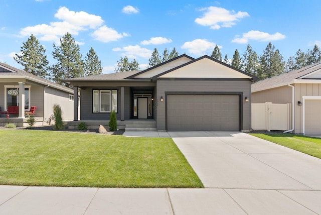 view of front of home with a front yard, a gate, fence, a garage, and driveway