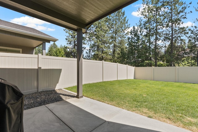 view of yard with a fenced backyard and a patio