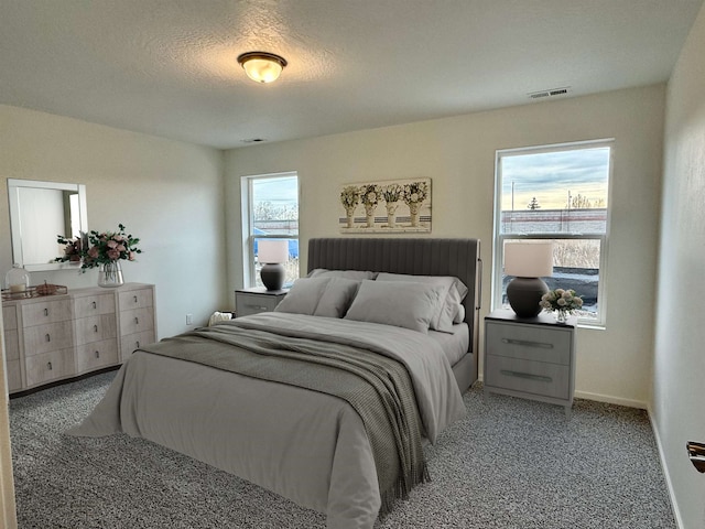 bedroom with a textured ceiling, carpet floors, visible vents, and baseboards