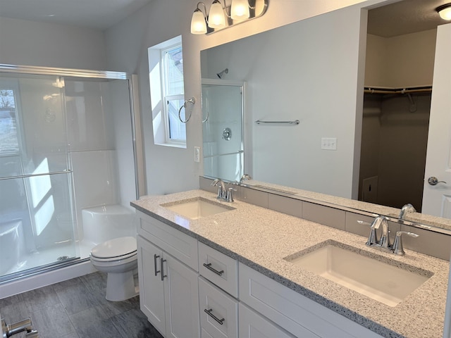 bathroom with a sink, a shower stall, toilet, and a spacious closet