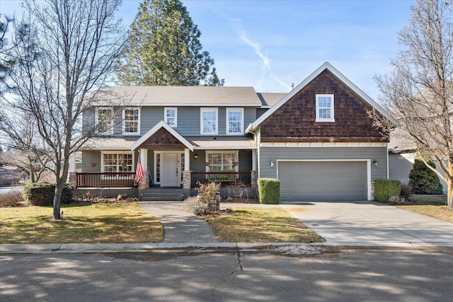 craftsman house featuring covered porch, roof with shingles, driveway, and an attached garage