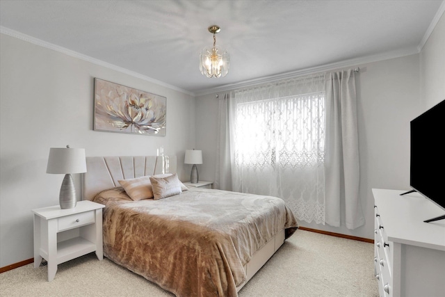 bedroom with baseboards, crown molding, and light colored carpet