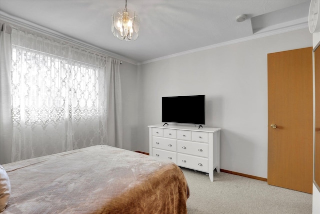 bedroom with light carpet, an inviting chandelier, baseboards, and crown molding