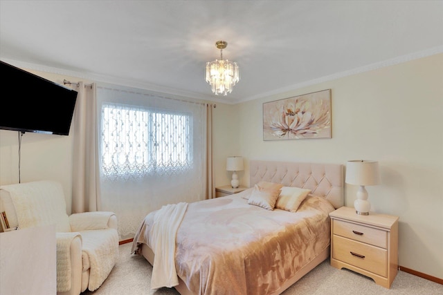 bedroom with an inviting chandelier, baseboards, ornamental molding, and light colored carpet