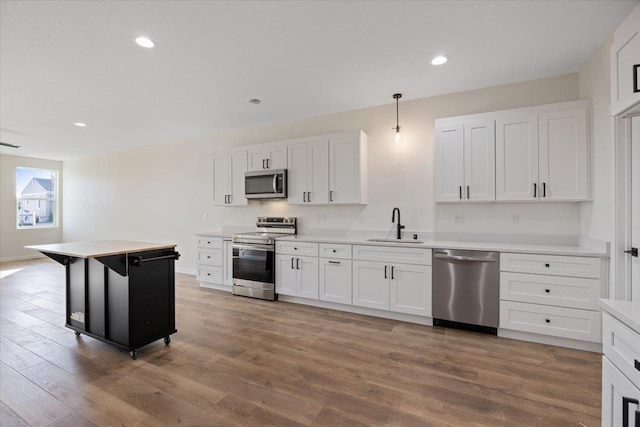 kitchen featuring wood finished floors, appliances with stainless steel finishes, and a sink