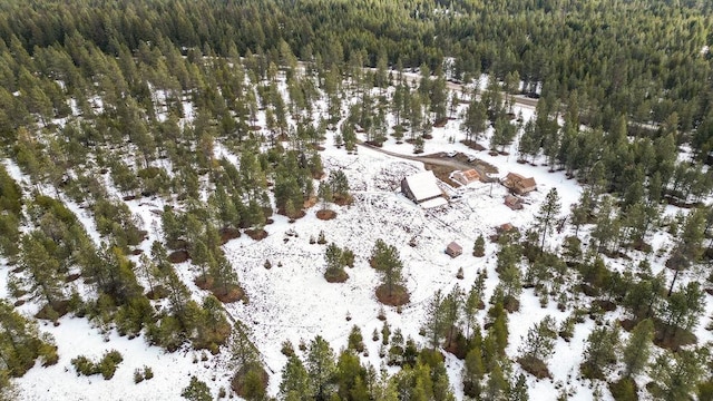 snowy aerial view with a view of trees