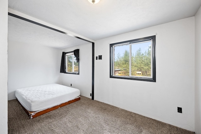 carpeted bedroom with a textured ceiling