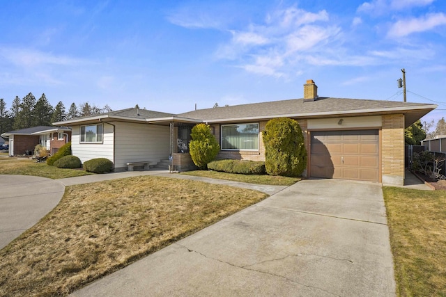 single story home featuring a garage, driveway, a chimney, and a front yard