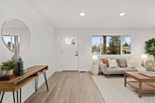 foyer entrance featuring light wood-style floors, a wealth of natural light, and baseboards