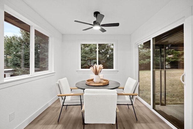 sunroom / solarium featuring ceiling fan and a wealth of natural light