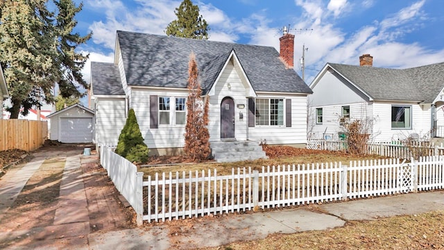 tudor-style house featuring driveway, a fenced front yard, a shingled roof, and an outbuilding