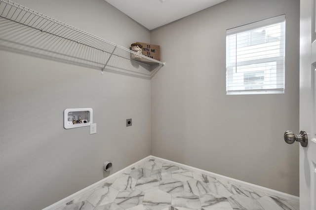 washroom with washer hookup, marble finish floor, hookup for an electric dryer, laundry area, and baseboards