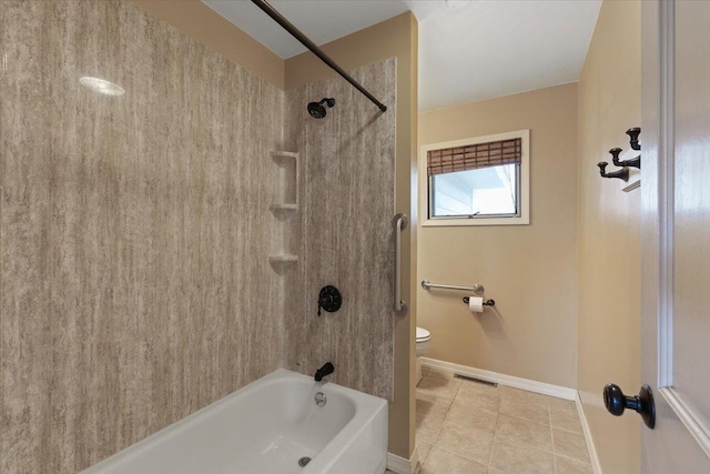 full bath with baseboards, visible vents, toilet, tile patterned floors, and shower / washtub combination