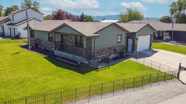 single story home with an attached garage, fence, concrete driveway, stone siding, and a front lawn