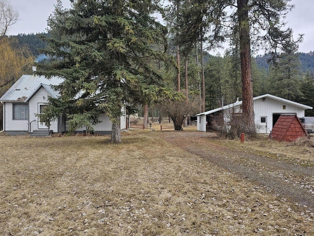 view of yard with entry steps and a view of trees