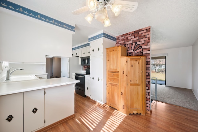 kitchen with a textured ceiling, black / electric stove, light wood-style flooring, a sink, and stainless steel microwave