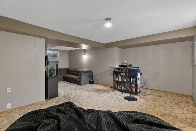 living room featuring carpet, a fireplace, and baseboards