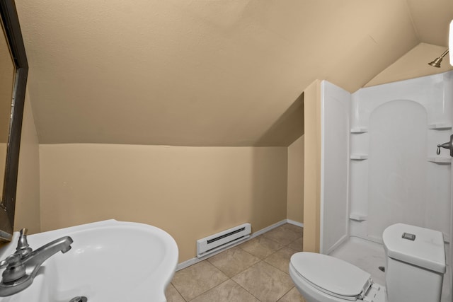 full bath with a shower, toilet, tile patterned flooring, baseboard heating, and a sink