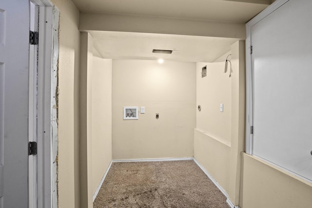 washroom featuring laundry area, baseboards, hookup for a washing machine, carpet flooring, and hookup for an electric dryer