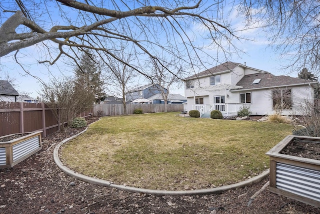 view of yard featuring a fenced backyard and a garden