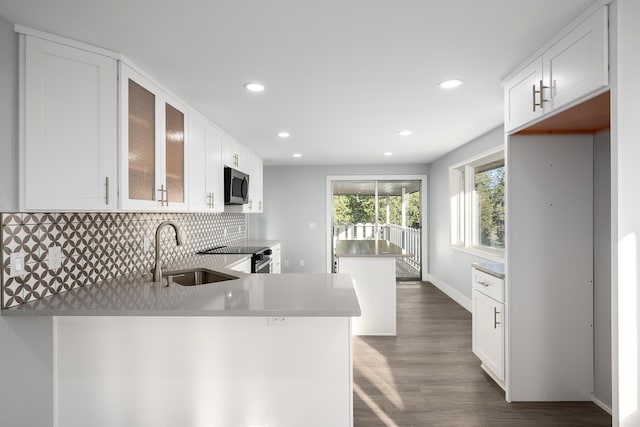 kitchen with a sink, white cabinetry, tasteful backsplash, stainless steel microwave, and glass insert cabinets