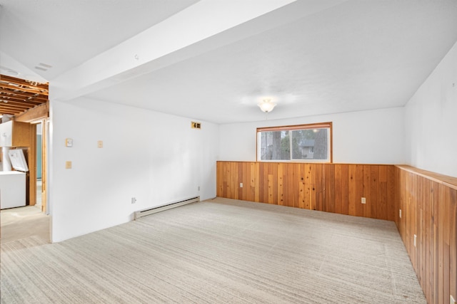 unfurnished room with carpet floors, a wainscoted wall, a baseboard radiator, and wooden walls