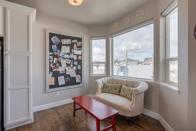 living area with baseboards and dark wood-style flooring