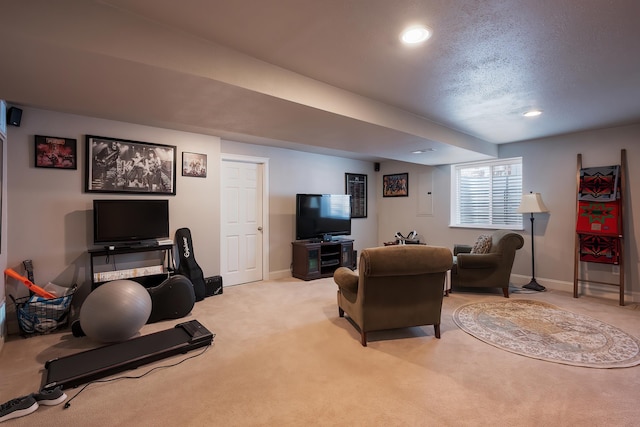 living area with light carpet, recessed lighting, and baseboards