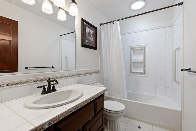 bathroom with toilet, vanity, tile patterned floors, tasteful backsplash, and shower / bathtub combination with curtain