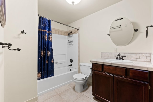 full bathroom with vanity, shower / bath combination with curtain, toilet, and tile patterned floors