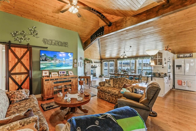 living room featuring ceiling fan, a barn door, wooden ceiling, and wood finished floors