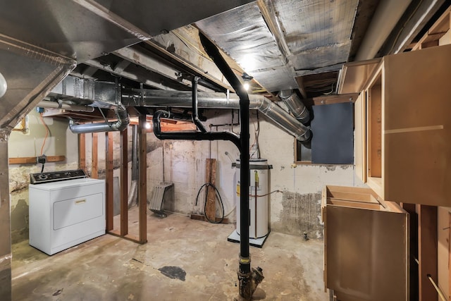 unfinished basement with washer / dryer and gas water heater