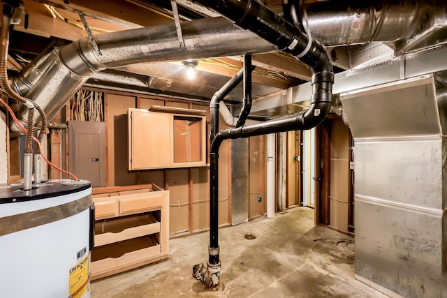 unfinished basement with electric panel and water heater