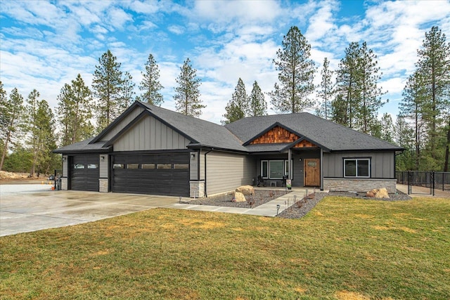 view of front facade with concrete driveway, board and batten siding, a garage, stone siding, and a front lawn