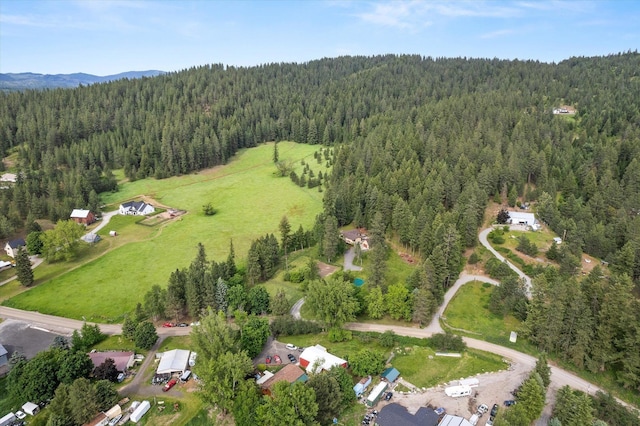 bird's eye view with a wooded view