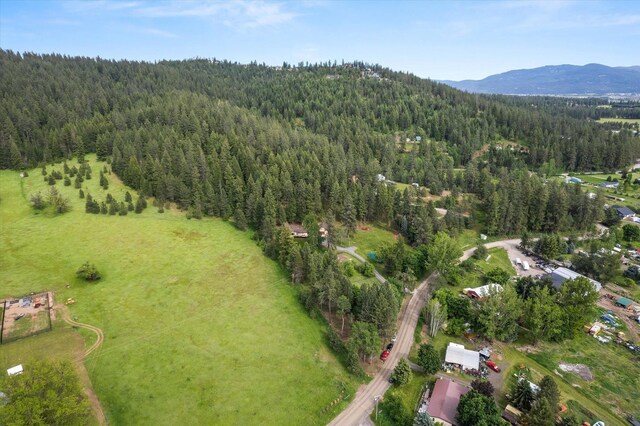 aerial view featuring a mountain view and a view of trees