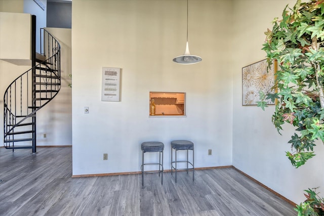 interior space with a high ceiling, baseboards, and wood finished floors