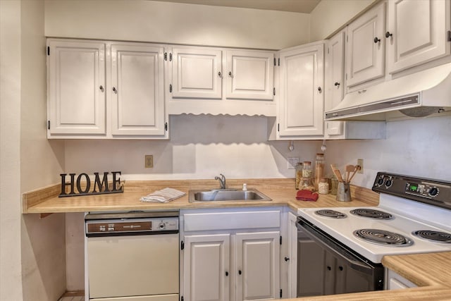 kitchen with white dishwasher, under cabinet range hood, range with electric stovetop, a sink, and white cabinets