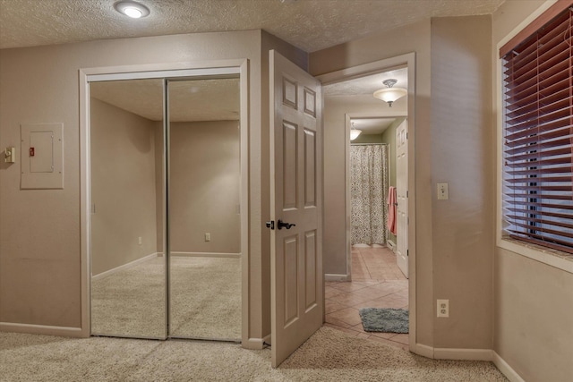 interior space featuring light colored carpet, electric panel, a textured ceiling, and baseboards