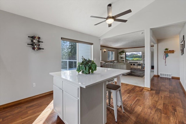 kitchen with visible vents, dark wood finished floors, lofted ceiling, a breakfast bar area, and a center island