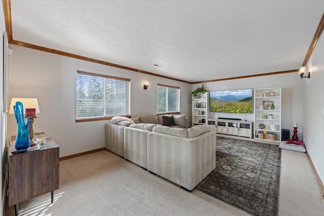 carpeted living area featuring a textured ceiling, baseboards, visible vents, and crown molding