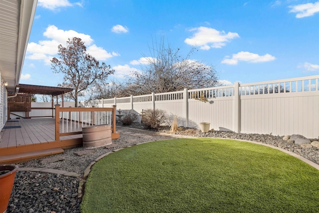 view of yard with a fenced backyard and a deck