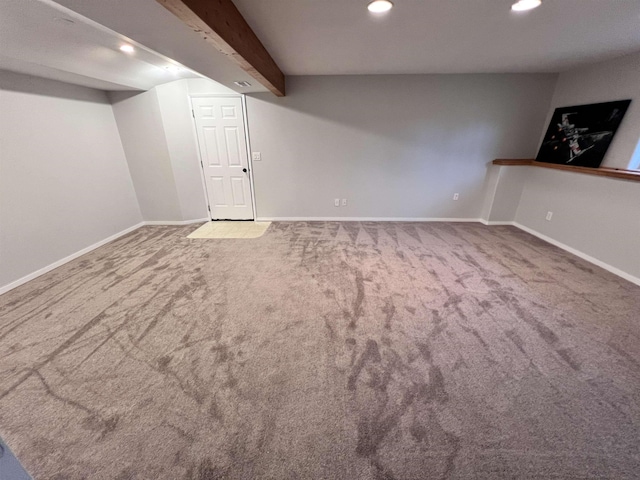 finished basement with carpet floors, recessed lighting, and baseboards