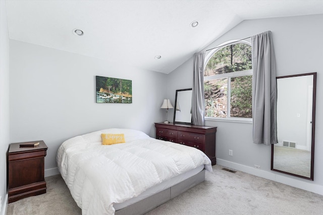 carpeted bedroom with recessed lighting, visible vents, vaulted ceiling, and baseboards